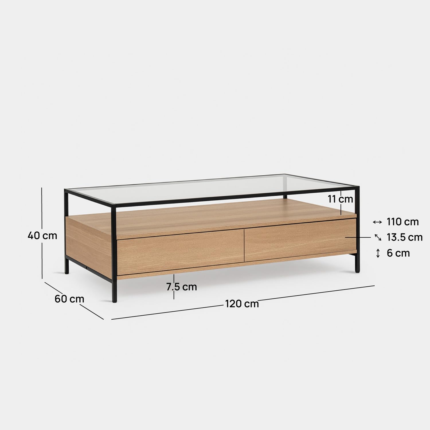 KLAST Mesa de Centro Petra, MDF, Melamina, Cristal Templado, Natural, Estilo Industrial, con Almacenaje, con Cajones, 40 x 120 cm