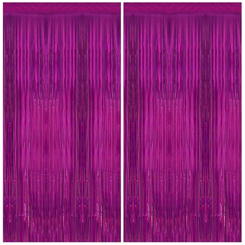 Image of 2 Pack 3.3 x 8.2 ft Tinsel Foil Fringe Curtain Backdrop, Upgraded Purple Glitter Metallic Streamers Backdrop Curtains for Birthday, Mermaid, Butterfly, Star, Space Galaxy Themed Party Decorations