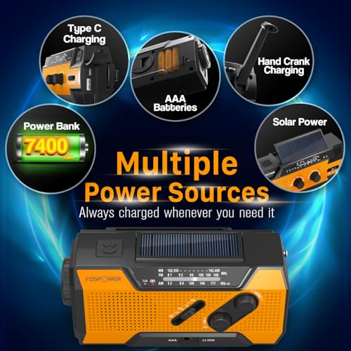 FosPower NOAA Emergency Weather Radio A1 7400mWh Portable Power Bank, AM/FM, USB/Solar/Hand Crank Charging, Battery Operated, SOS Alarm & Flashlight for Indoor/Outdoor Emergency - Orange - Image 3