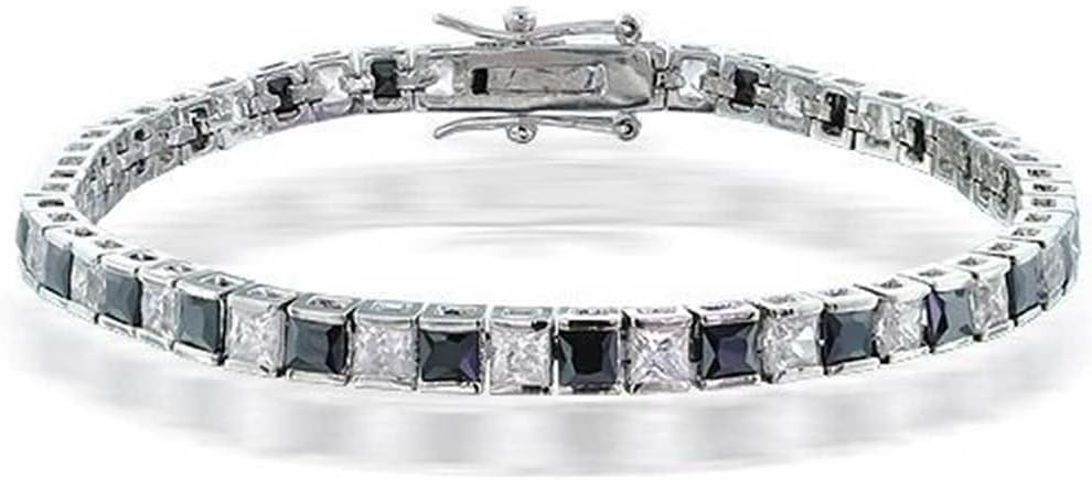 Classic Black & White Alternating Sparkling Simulated Gemstone 20CT Square Princess Cut Cubic Zirconia AAA CZ Tennis Bracelet For Women Girlfriend Silver Plated 7 Inch