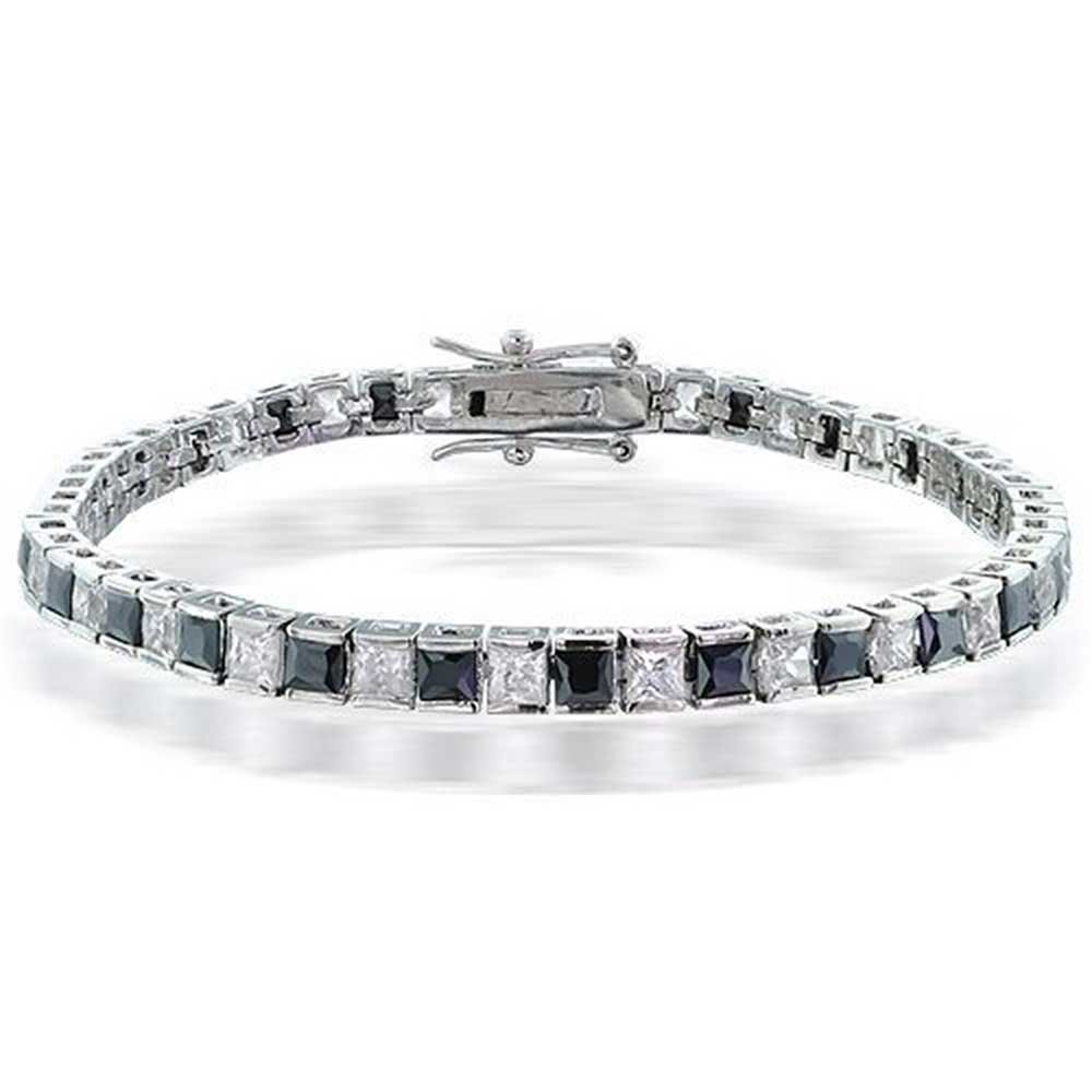 Classic Black & White Alternating Sparkling Simulated Gemstone 20CT Square Princess Cut Cubic Zirconia AAA CZ Tennis Bracelet For Women Girlfriend Silver Plated 7 Inch