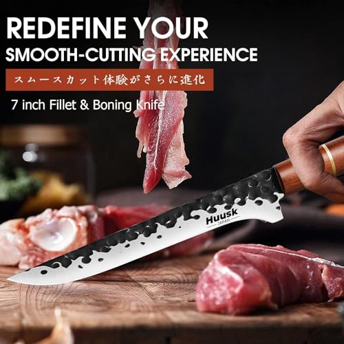 Image of Huusk Boning Knife for Meat Cutting, 7 inch Razor Sharp Fillet Knife for Fish | Hand Forged Carbon Steel, Deboning Knife for Meat Poultry Fish, Rosewood Handle, Gift Box for Chef Men Women