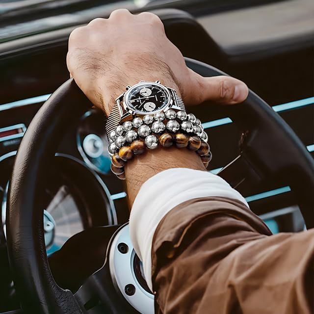 Miniatura 4 de HOBT Pulsera para hombre, pulsera elástica de ojo de tigre, pulseras de cuentas de piedra natural, pulsera de roca de lava negra para niños, regalo