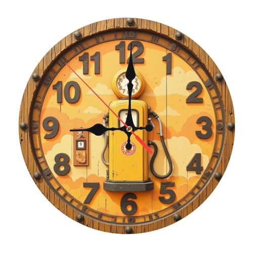 Yellow Gas Pump & Mini Clock Wooden Wall Clock (25cm×25cm)
