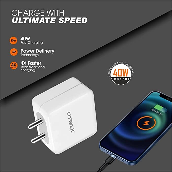 Image of Utrax 65W VOOC Dash Warp Wall Charger with Type C Cable | Supports VOOC, Dash, Warp Charge | USB-A Output | Compatible with OnePlus, Oppo, Realme, Samsung & All Fast Charge Devices (White)