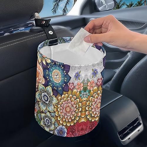 Image of Boho Flowers Car Trash Can Waterproof Auto Vehicle Garbage Organizer Bag Hanging Car Waste Basket Holder for Front Seat Back, Seat, Floor, Headrest