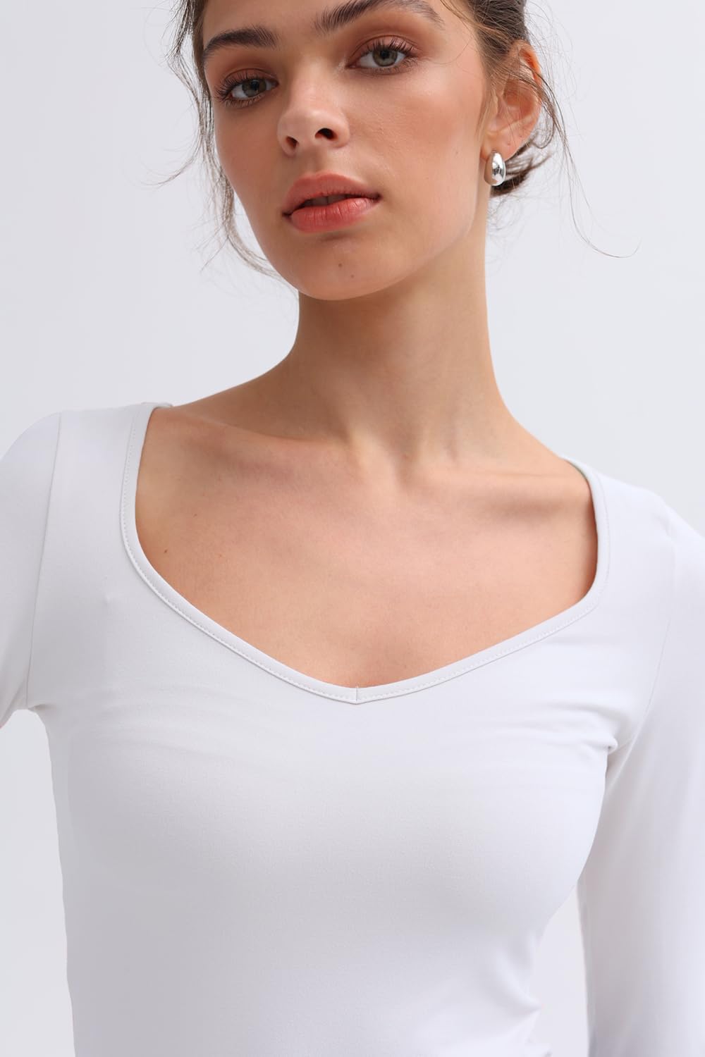 Women Long Sleeve Tops - Sexy Going Out Sweetheart V Neck Basic Shirts Tight Slim Fall Trendy Clothing - Image 2