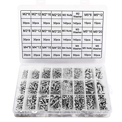 Homtone 1220 pièces M2 M3 M4 M5 304 en acier inoxydable à tête hexagonale boulons à tête cylindrique vis écrous rondelles Kit d'assortiment avec clés hexagonales Cover