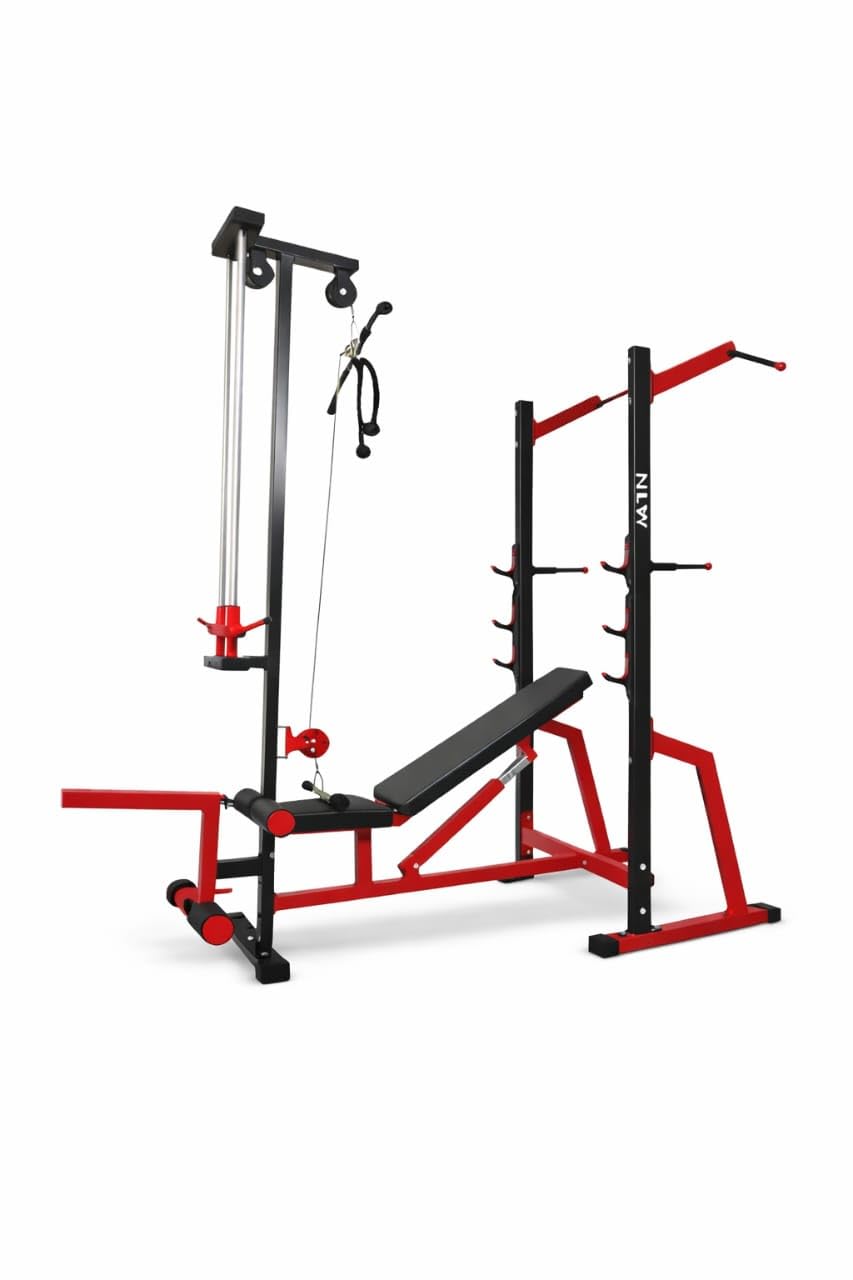 NLW Multifunctional Home Gym, Bench Press with Squat Rack, Pulley System, J-Hooks, Red and Black, Steel Construction-image-30