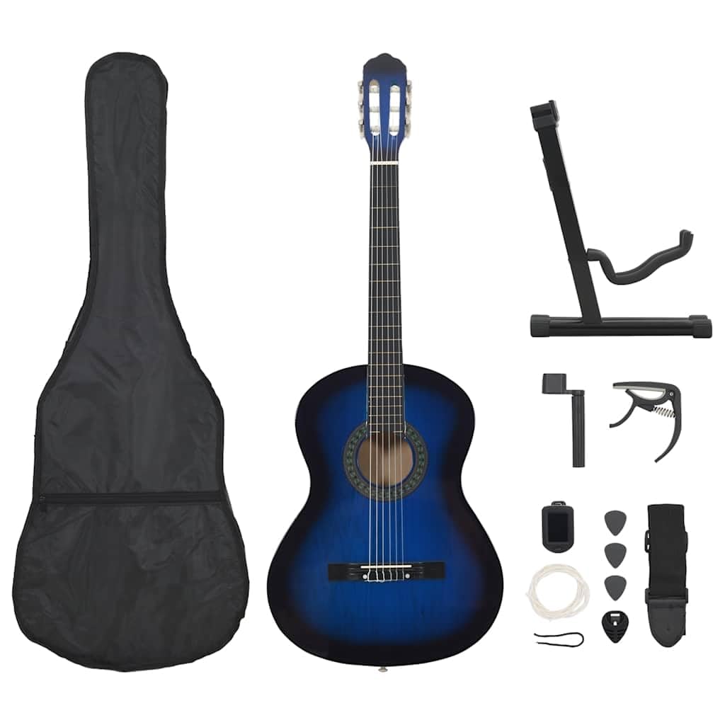 vidaXL Legno Massello di Tiglio Set Chitarra Classica per Principianti 12 pz 4/4 Plettri Corde Accordatore Adulti Bambini Strumento Musicale Blu 39"