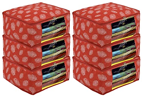 Image of Kuber Industries Leaf Printed Saree Cover With Transparent Window Pack of 6 (Orange)