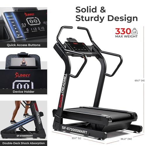 Image of Sunny Health & Fitness Smart Treadmill Intensive Quiet Auto Incline /Decline | Commercial Level | Extreme Auto Incline | Decline Capabilities | Shock Absorbing | Pre-Program Workout | Multi-Grip Handrail
