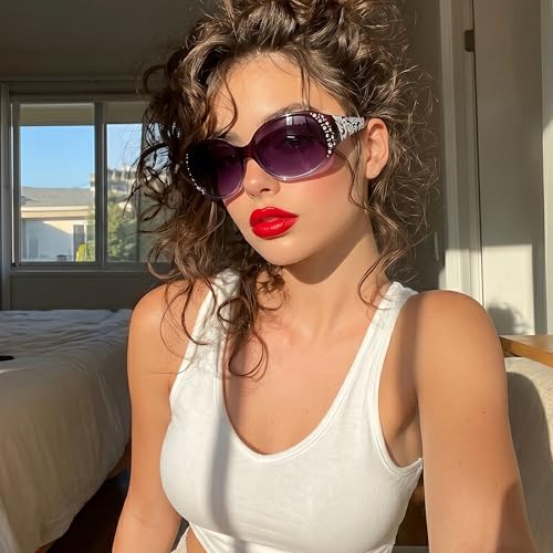 Image of LVIOE Polarized Sunglasses for Women Rhinestone Design Wrap Around Shades | UV400 Protection Fashion Sun Glasses Stylish Elegant Frame, Bonus Cleaning Cloth & Soft Pouch Plus Essential Accessories