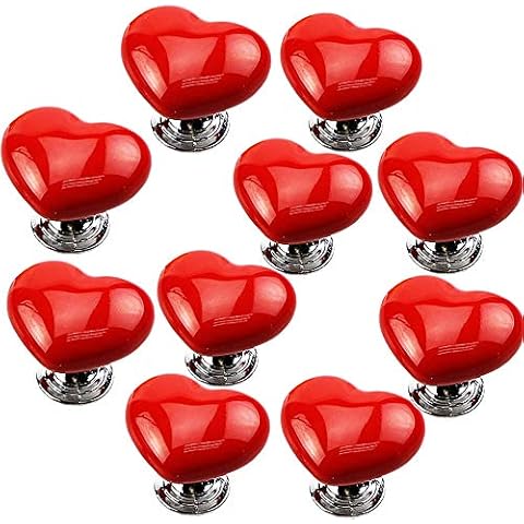 JeogYong Knobs, Ceramic Heart-Shape Drawer Handles Sets of 10 Pieces with Screws (Red) Cover