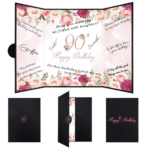 Image of Vlipoeasn 90th Birthday Guest Book Alternative, Black and Pink 90th Birthday Party Decorations for Women, Creative Flower 90th Birthday Signature Book, Cheers to 90 Year Old Birthday Party Supplies