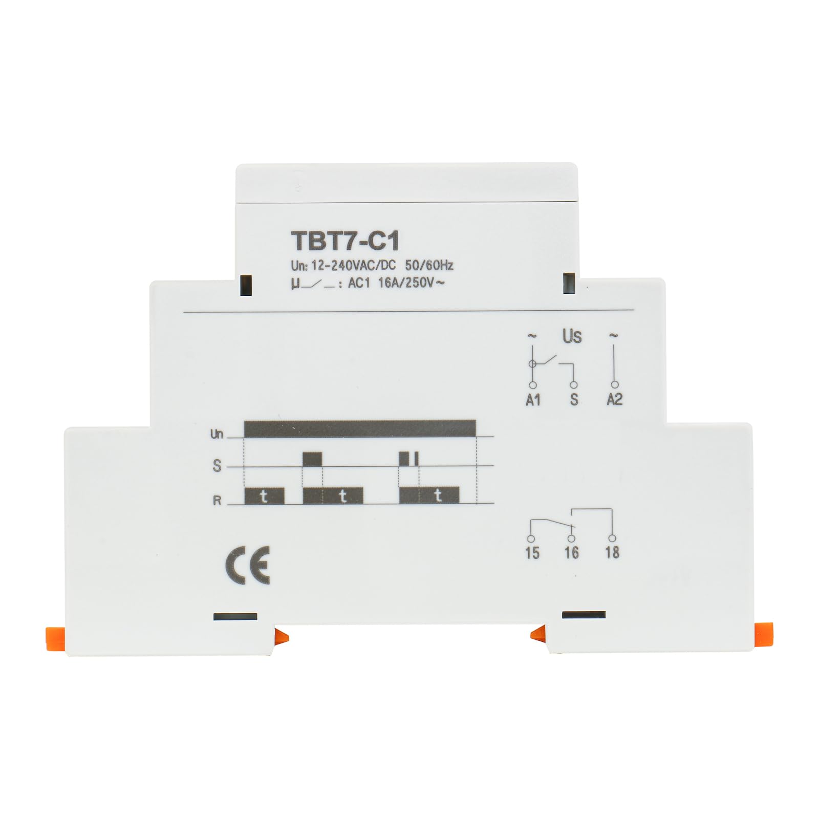 BAOMAIN Relais Temporisé de Retard à l'Arrêt TBT7-C1, 12V-240V AC/DC 16A, Temporisateur Multifonctionnel 1 SPDT, Montage sur Rail DIN 35mm, Minuterie de Coupure de Sécurité Industrielle