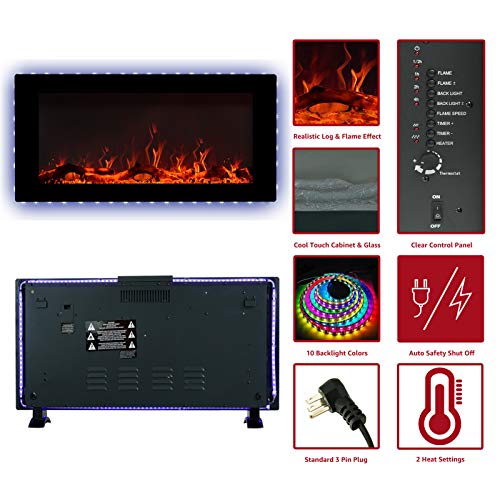 FLAME&SHADE 42 Inch Wide Electric Fireplace, Wall Mounted or Freestanding Portable Room Heater with Infrared Remote, 1500/750w
