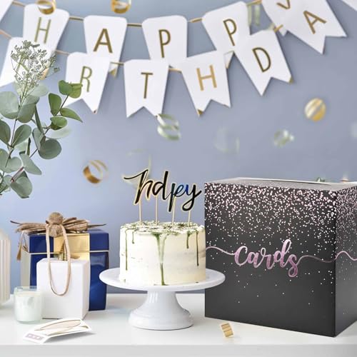 Image of Black Card Box for Party Pink Foil Gift Card Box Holder for Wedding Birthday Baby Shower Retirement Graduation