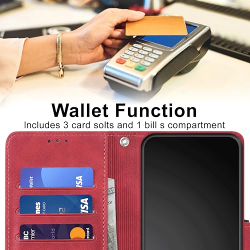 Image of Flip Wallet Case for Samsung Galaxy S25 FE PU Leather Red | RFID Blocking 3 Card Slots, Built-in Kickstand, Shockproof Protective Flip Phone Cover for Samsung S25 FE