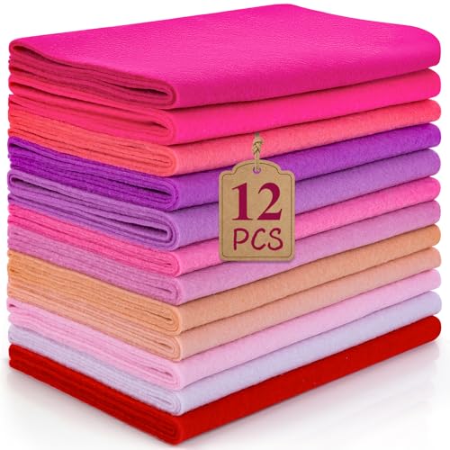 MITINU 12 Rolls 8x35(20.5x90cm) 1.4mm Thick Soft Felt Fabric Sheet 12 Assorted Pink Series Colors Felt Pack for DIY Craft Sewing Squares Nonwoven Patchwork