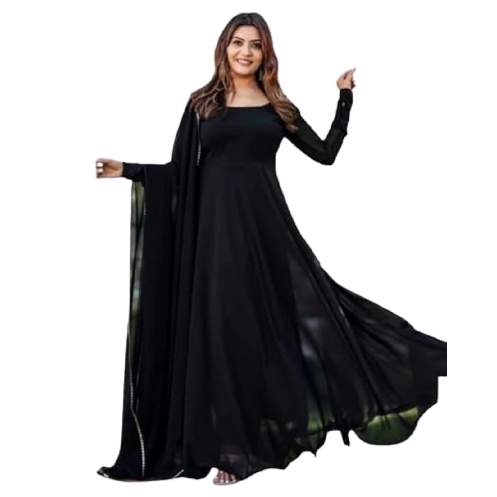 Women Black Anarkali Gown with Dupatta | Georgette Long Flared Kurti Dress | Full Sleeves Round Neck Ethnic Wear for Wedding Party Festive-image-49