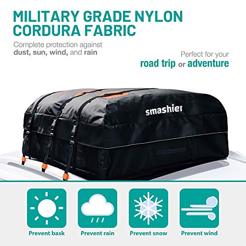 Smashier Car Rooftop Cargo Carrier Bag - 16 Cubic Ft Roof Bag, 100% Waterproof Military Grade Nylon Cordura Fabric, Heavy-Duty Zipper, Night Reflective Strip & Anti-Slip Mat Incl. for Safe Journey