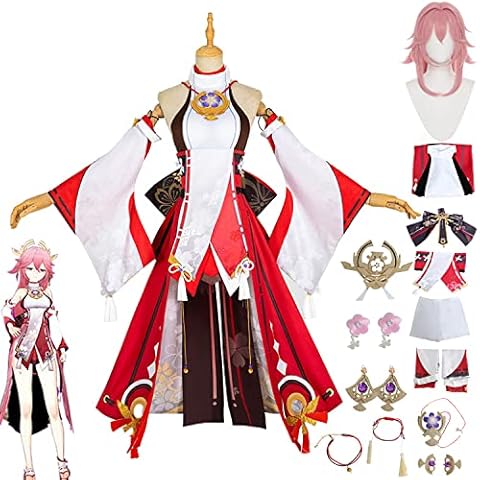 FIOOHG Frauen Yae Miko Cosplay Kostüm Outfit Spielfiguren Genshin Impact Uniform Kleid Full Set Halloween Party Anime Hutao Keqing Dress Up Anzüge Cover