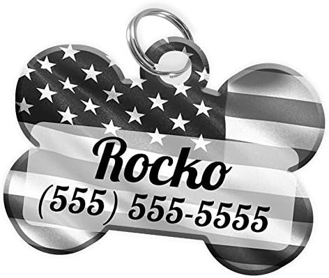 Pet ID Dog Tag (Bone Shaped) USA Flag Black & Grey Personalized Custom Pet Tag with Pets Name & Contact Number [Multiple Other Font Choices] [USA COMPANY] [Multiple Colors]