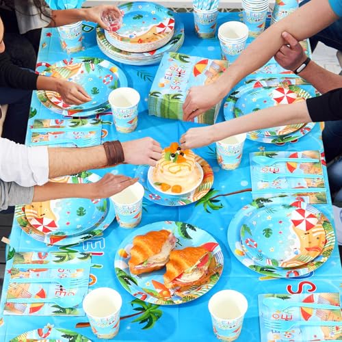 Image of Funnymoom 452 Pcs Hello Summer Plates and Napkins Beach Party Supplies for 50, Summer Beach Cup Tablecloth Cutlery Disposable Tableware for Hawaiian Tropical Luau Ocean Pool Birthday Party Decoration