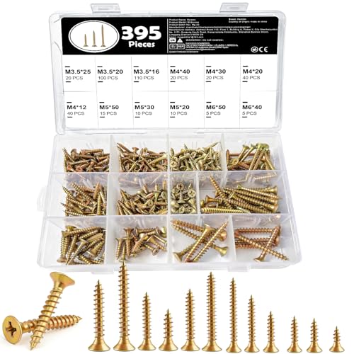 395 Pcs Wood Screws Assortment Kit M3.5 M4 M5 and M6 Self-Tapping Screw Set Phillips Cross Head Countersunk Colour Zinc Coated Screws for Furniture Repairs and DIY Projects