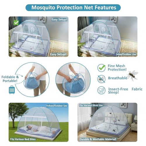 Image of Rainspire Foldable Mosquito Net for Double Bed King Size - Breathable Fine Mesh, with Handle, Heavy Duty Portable Collapsible Mosquito Protection Net for Bedroom Indoor Use - Blue