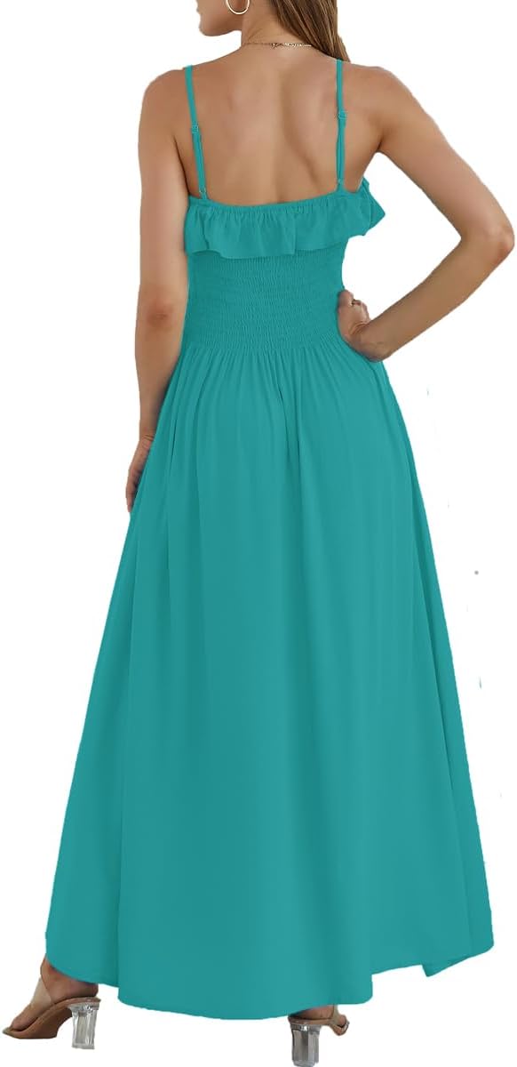 Women's Summer Ruffled Boho Maxi Dress Casual Sleeveless Spaghetti Strap Smocked Beach Long Dress - Image 5