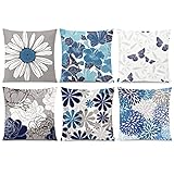COMMINY Blue Grey Pillow Covers 16x16 Set of 6 Decorative Daisy Flower Throw Pillow Cover for Couch Modern Farmhouse Cushion Pillow Case for Living Room Patio Home Decor