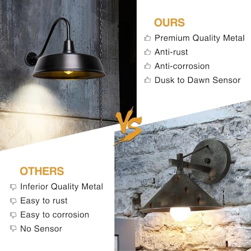 Image of 21 inch Barn Lights Outdoor Gooseneck Lighting, Dusk to Dawn Black Exterior Barn Lights, Farmhouse Wall Lighting Fixtures with Sensor for Porch Garage (2, 21 inch Diameter)
