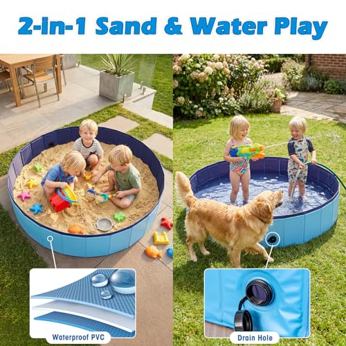 Foldable Sandbox for Kids, Large 48x48in Sand Box Toys for Kids Ages 3-8, Portable Outdoor & Indoor Sand Pit for Backyard, Balcony, Beach, Camping, Waterproof PVC Material with Drain Hole