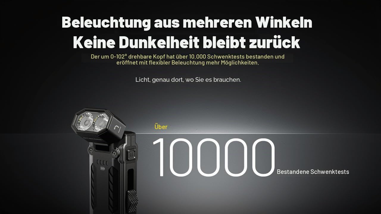 Nitecore EDC09 EDC-Taschenlampe, 1600 Lumen, 102° drehbarer Schwenkkopf, 3 Farbtemperaturen, USB-C wiederaufladbar, magnetischer Schwanz, Edelstahlgehäuse, wasserdicht