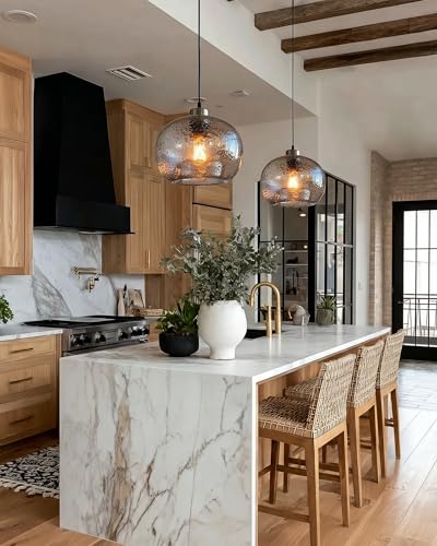 Image of CASAMOTION Handblown Glass Pendant Lighting Drop Ceiling Lights, Modern Rustic Hanging Light Clear Seeded Glass with Black Marble, Brushed Nickel Finish, 8.7 Inch Diameter