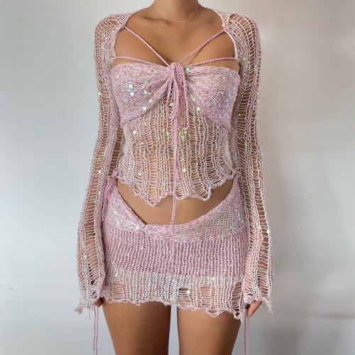 Two Piece Sequin Sets for Women Crochet Hollow Sweater Knit Skirt and Crop Top Set Party Sexy Y2K Going Out Outfits3