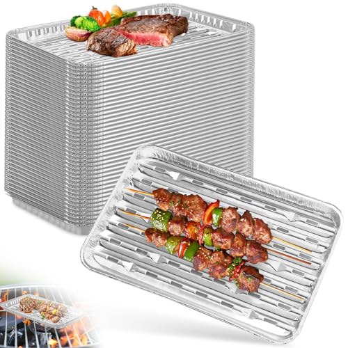 20Pcs Grilles Barbecue Aluminium avec Fentes 34x23cm, Barquettes Cuisson Viande Alu Jetables Camping, Bacs égouttement Barquette Frite Accessoires Barbecue...