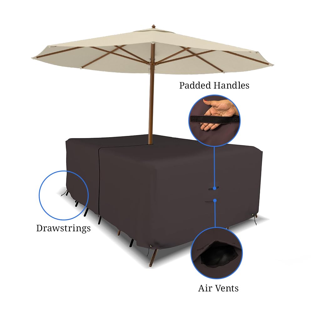 Covers & All Prostokątny stół i krzesło patio zestaw pokrowiec z otworem na parasol - wytrzymały 45 ml wodoodporny pokrowiec na meble z tyłu z kieszenią powietrzną i sznurkiem do wygodnego dopasowania (190 cm szer. x 115 cm gł. x 76 cm wys. , kawa)