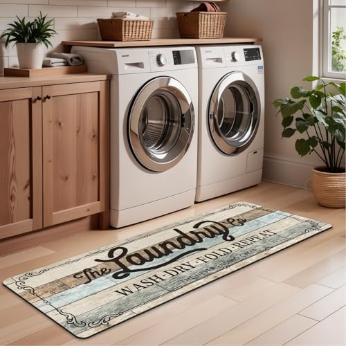 Image of Pauwer Laundry Room Rug Runner 20 inchx60 inch, Non Slip Waterproof Mat, Teal Beige