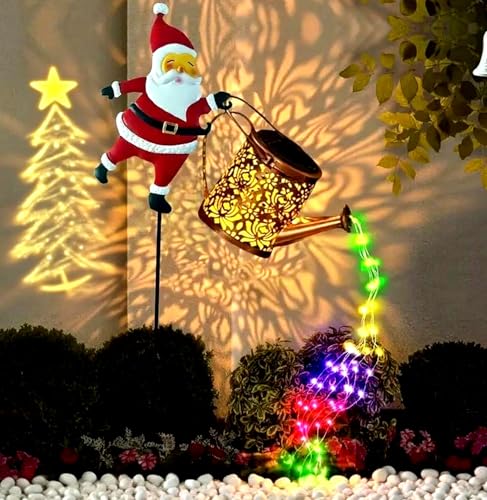Christmas Santa Solar Kettle Lights - Garden Lawn Decorative Lights, Santa Kettle Ground Lamp Sola Night Light Vintage Metal Watering Can Outdoor Garden Decor for Outdoor Patio Path (Colorful Light)