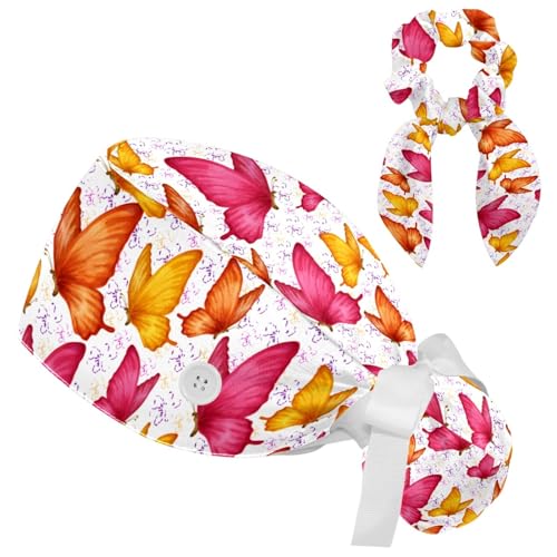 Image of Colored Butterflies Scrub Caps Women, Adjustable Working Cap with Button, Surgical Caps with Bow Hair Scrunchy