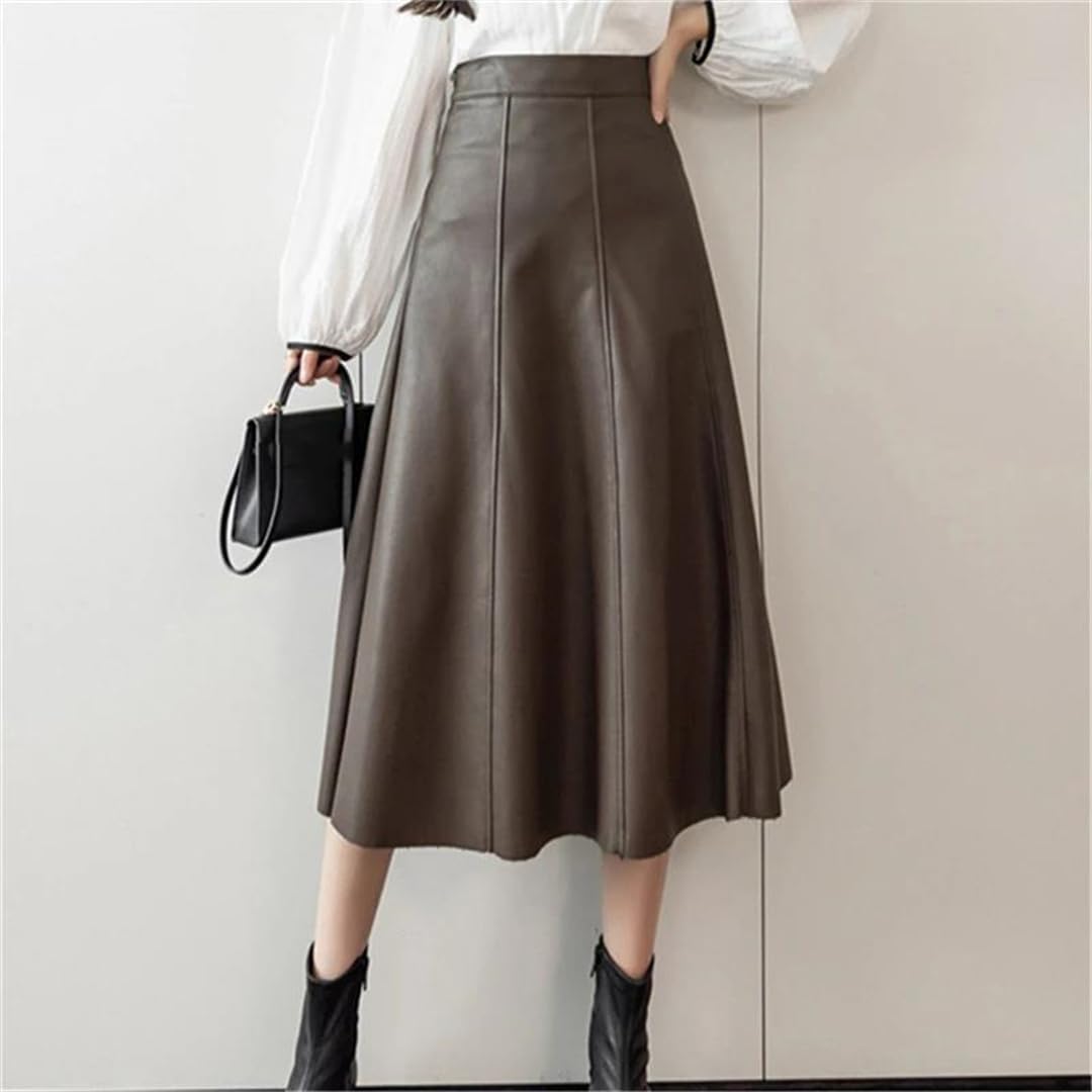 Otoño Invierno Mujeres PU Cuero Faldas Elegante Sólido Patchwork Cintura Alta A-Line Midi Falda