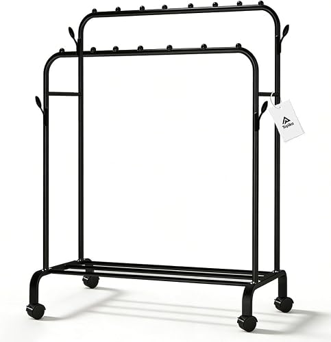 Double-Rod Clothing and Shoe Storage Rack with Wheels, Black