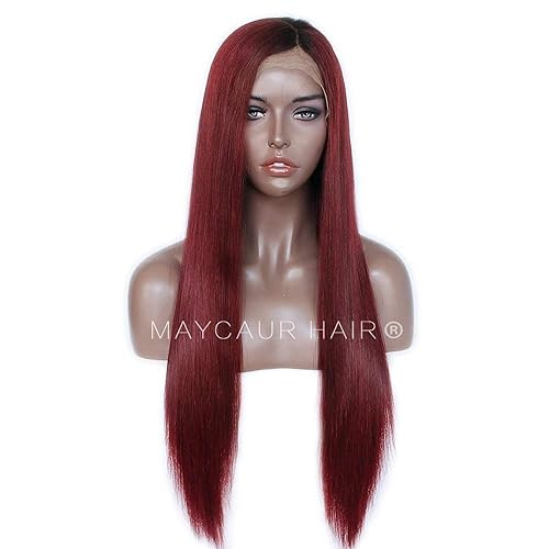 Miniatura 2 de Maycaur Pelucas de encaje frontal de color burdeos de densidad 130, pelucas de cabello humano lacio sedoso con cabello natural de bebé (22 pulgadas,