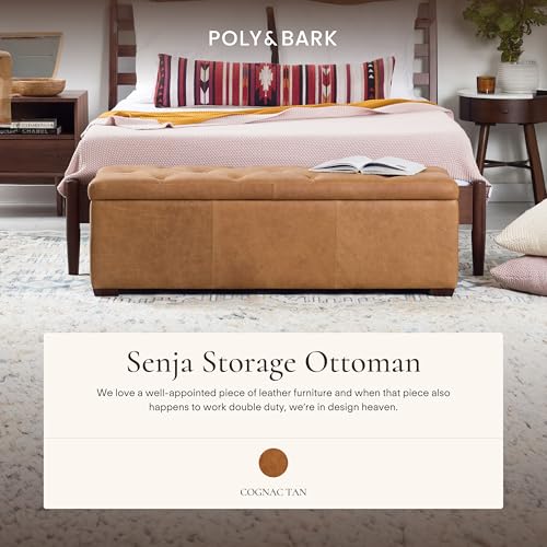 Image of POLY & BARK Senja Storage Ottoman - 52 inch Large with Feather-Down Topper - Full-Grain Leather Upholstered Ottoman Box - Bench or Bedroom Storage - Vintage Italian Leather in Cognac Tan