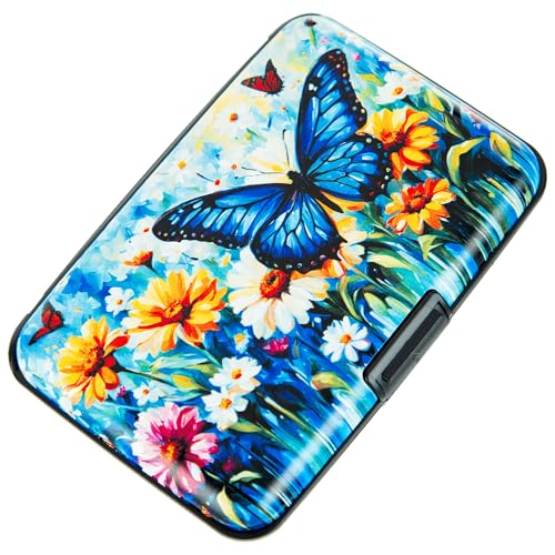 Image of Credit Card Holder Small RFID Blocking Wallet Business Metal Slim Mini Aluminum Hard Case for Women Men, Blue Butterfly Daisies, small