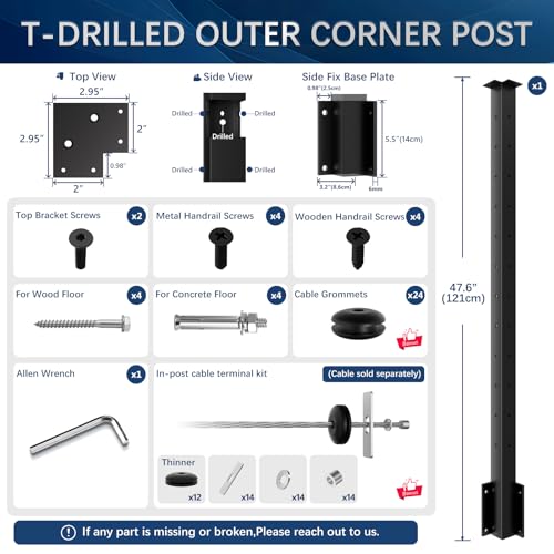 Image of Side Mount Inner Corner Post 42 inch (Post Body 47.6 inch), Fixed Top Three Side Drilled Corner Post Cable Railing, Black Stainless Steel 304 Fascia Mount Metal Post with Inner Terminal & Cable Grommet