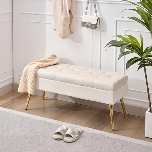TENLLEY Storage Bench-Entryway Bench,Ottoman for Bedroom End of Bed,Modern Velvet Benche Bedroom Benches for Foot of Bed,Upholstered Bench with Golden Legs 40' Creamy White